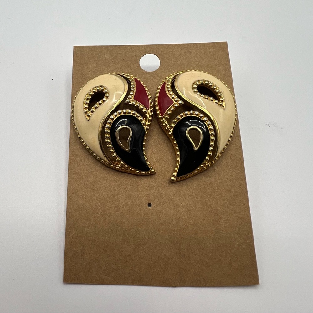 Vintage 1980s Paisley Enamel Avon Earrings Red Black White Gold Tone Pierced